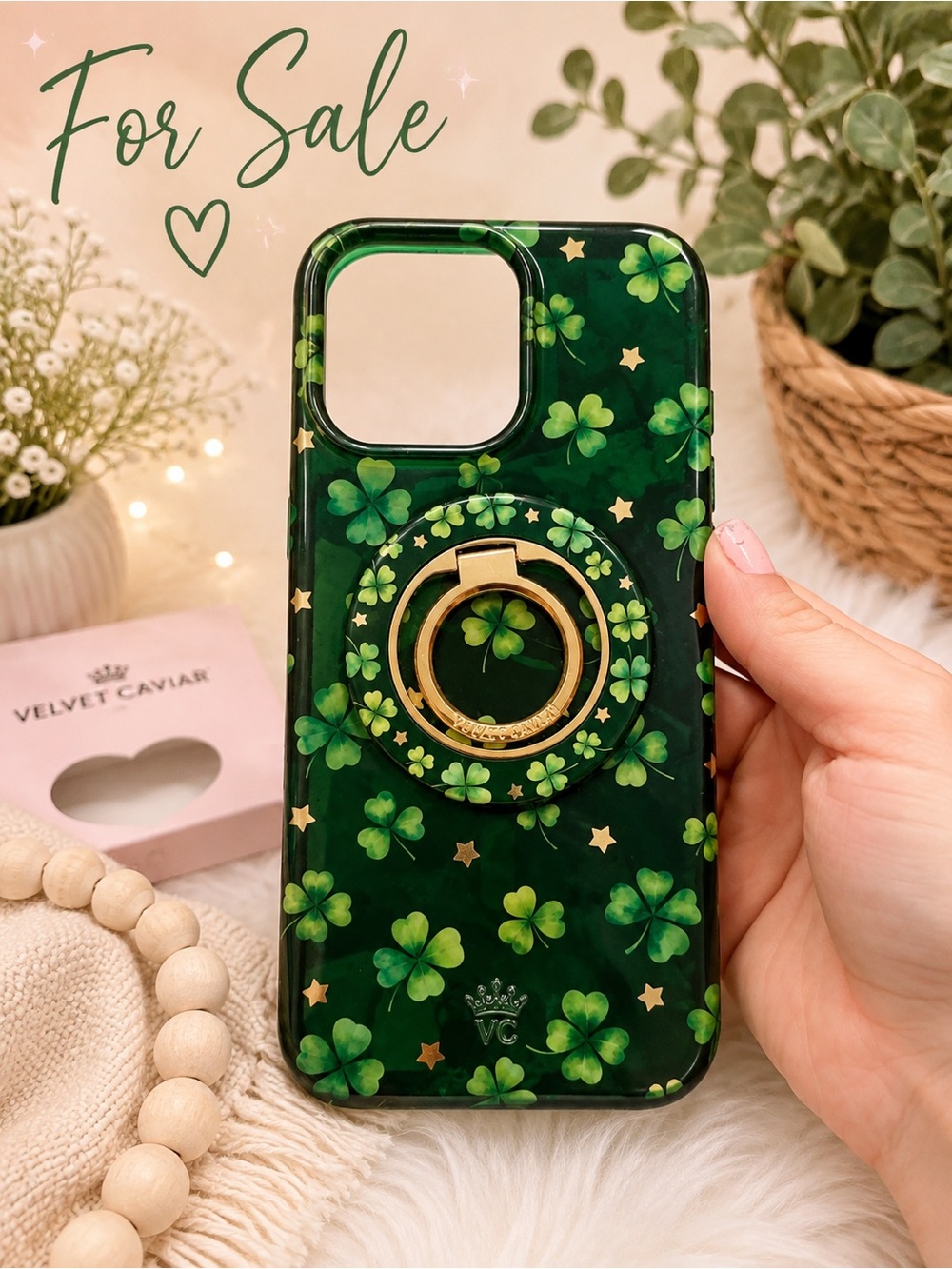Velvet Caviar Dark Green Clover Phone Case with Gold Ring Grip